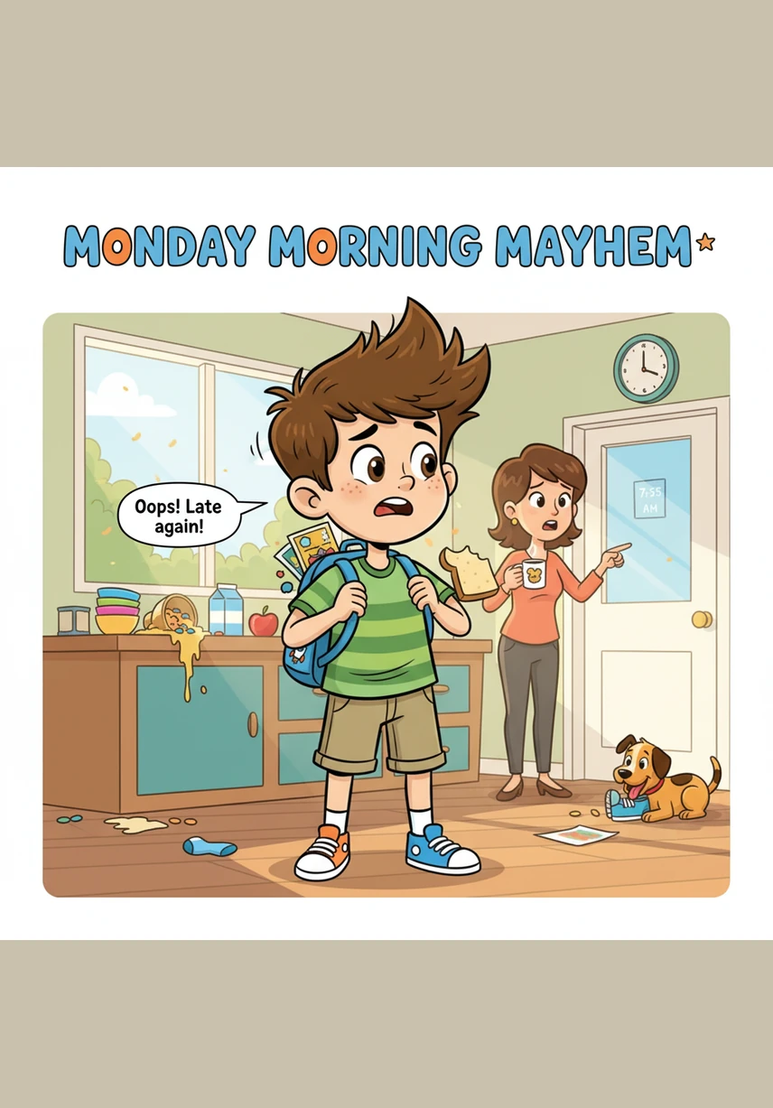 I am Leo. Today is Monday. I wake up early and I go to school with my big blue backpack.