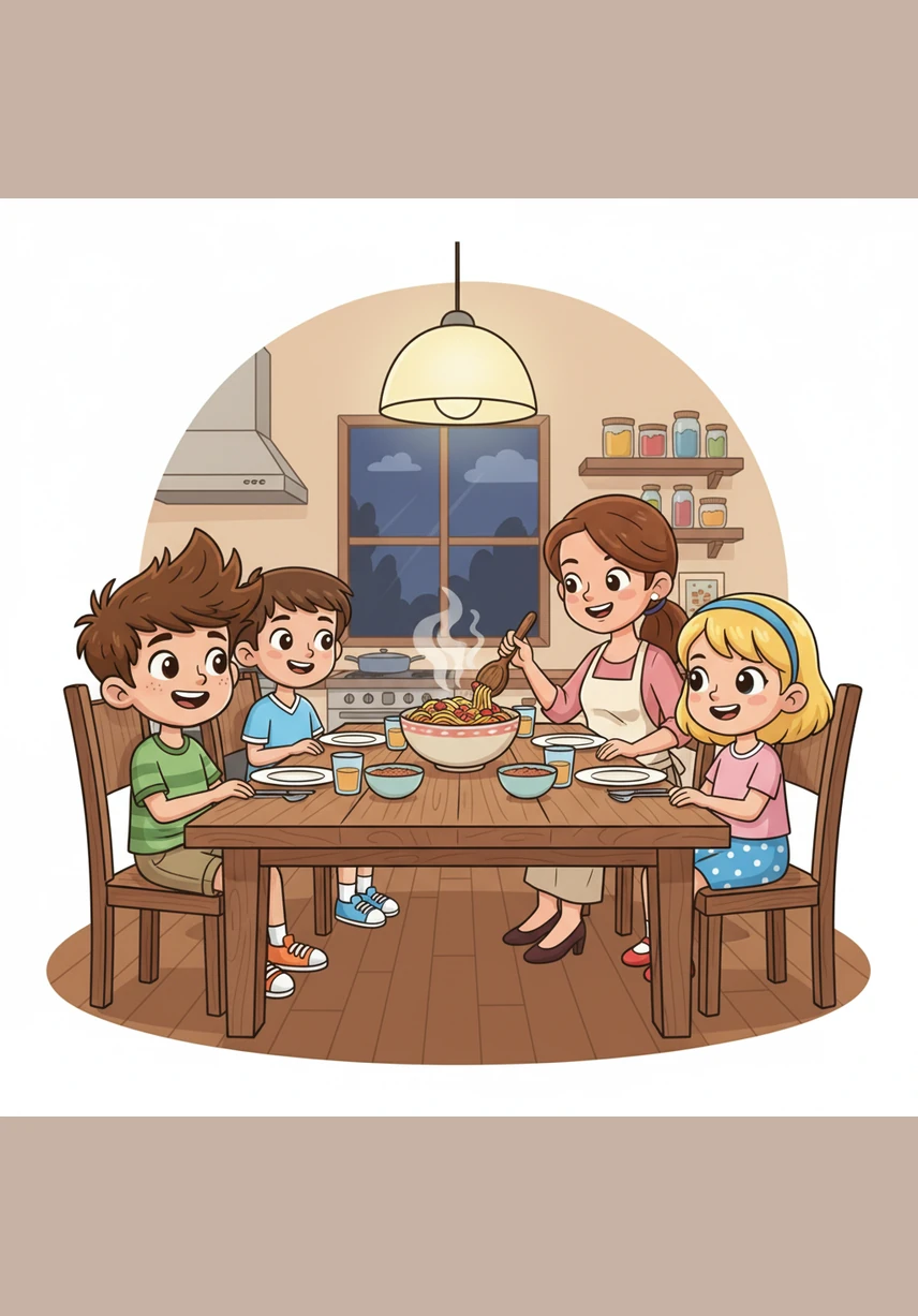 My mother is very kind. She cooks pasta on Wednesday. We eat dinner together at a big wooden table.