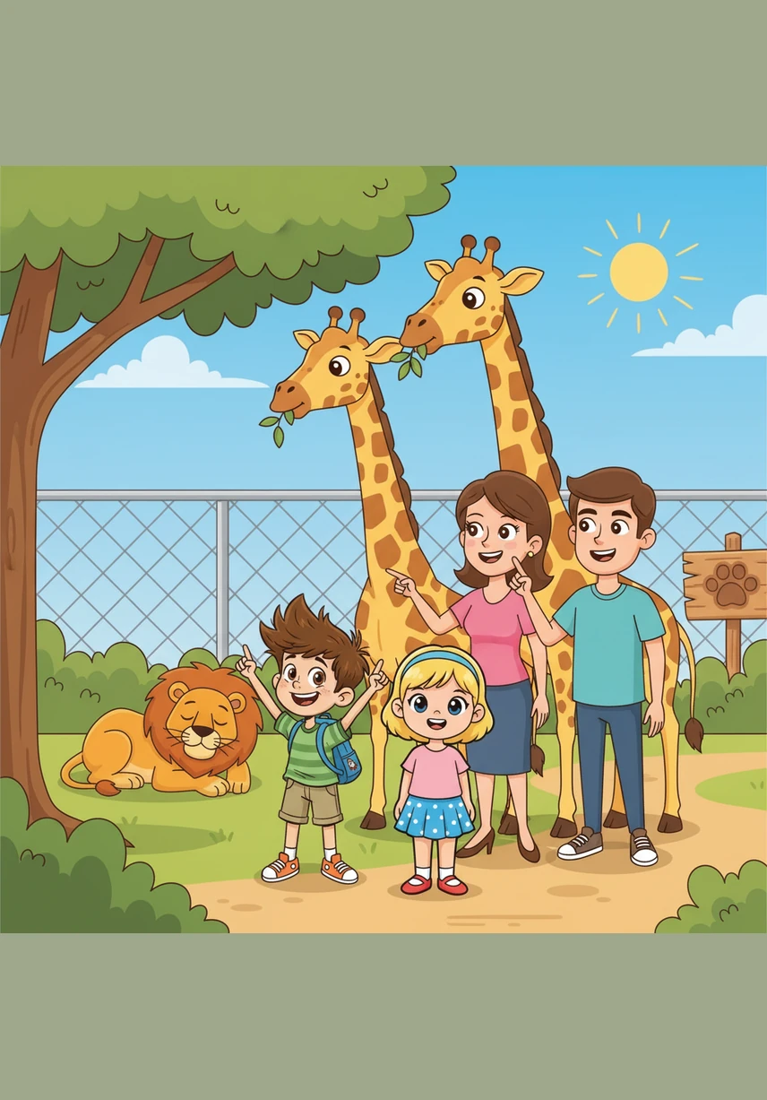 We go to the zoo on Saturday. My parents like the big lions, but I like the tall giraffes.