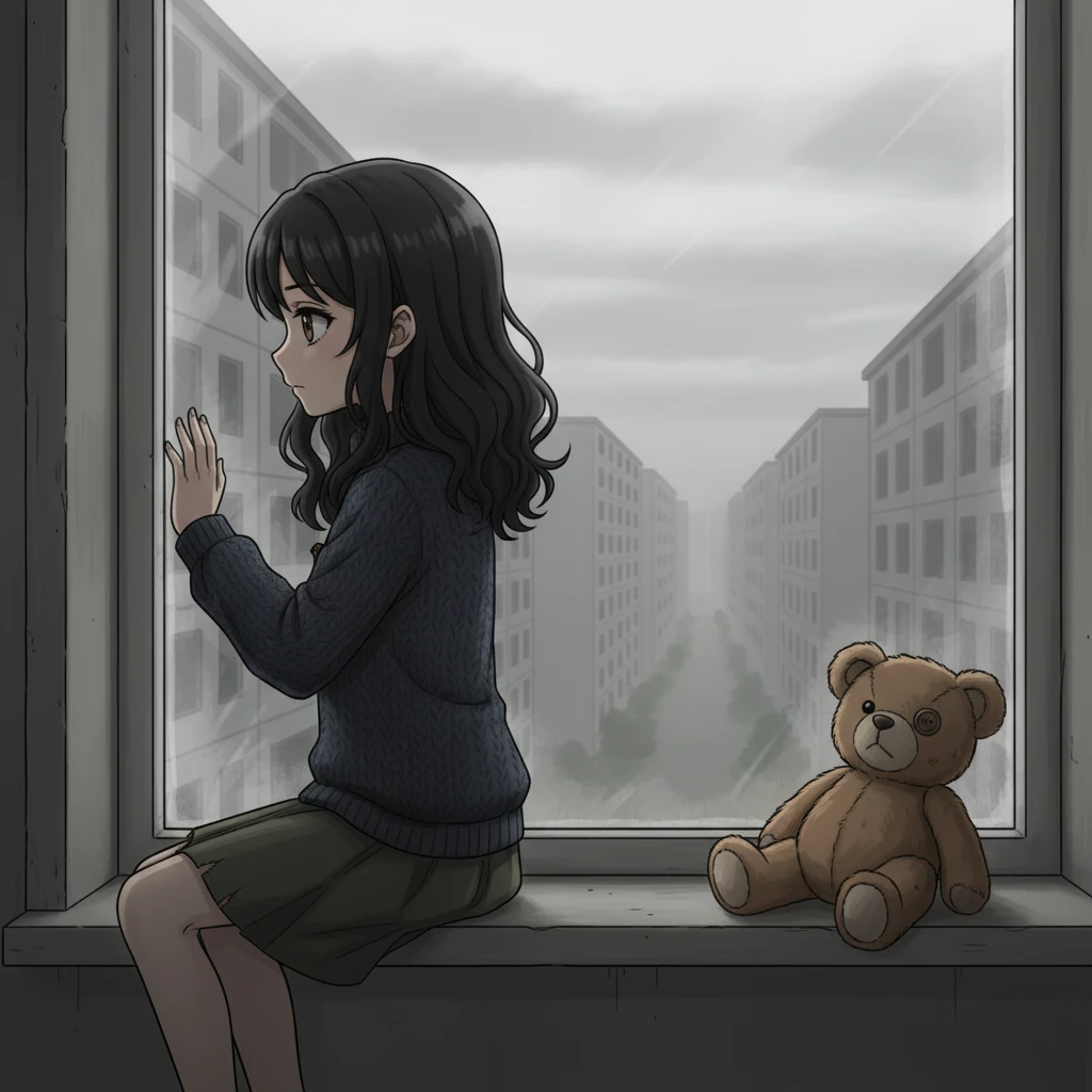 Elena, o fetiță cu ochi mari și observatori, stă lângă o fereastră într-un apartament slab luminat și înghesuit. Afară, blocuri identice de beton gri se întind sub un cer mereu înnorat, reflectând uniformitatea și lipsa de culoare din lumea ei. O jucărie uzată și decolorată zace uitată pe pervaz lângă ea.