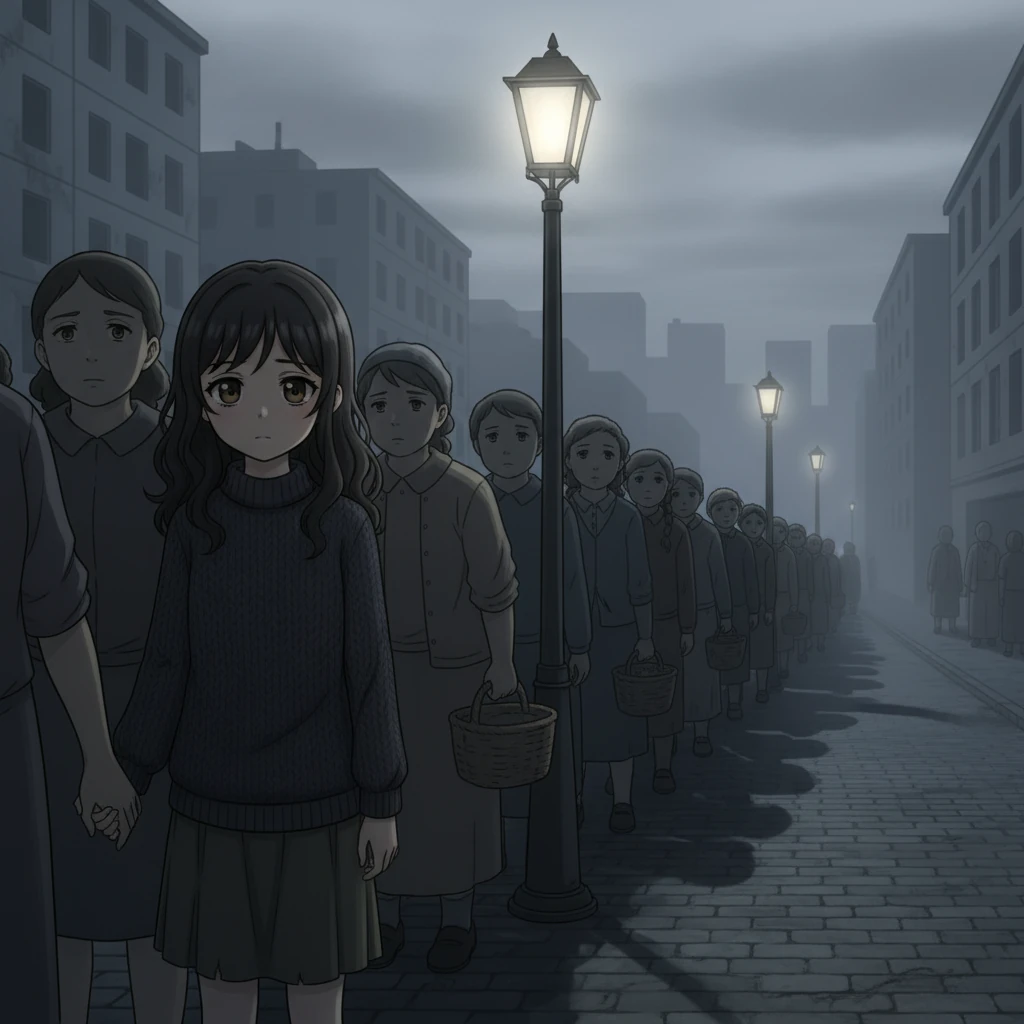 Elena, strângând mâna mamei sale, stă într-o coadă aparent nesfârșită sub o lampă stradală aspră și pâlpâitoare. Fețele oamenilor din jurul lor sunt trase și obosite, coșurile lor aproape goale, așteptând o rație modestă de pâine sau lapte. Scena este dominată de albastruri reci și griuri, cu lumină minimă.