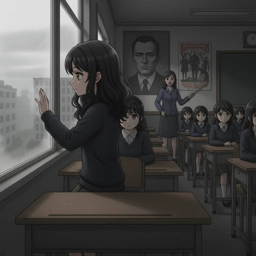 Într-o clasă sobră, decorată spartan, Elena și colegii ei stau rigid la birouri, cu ochii ațintiți pe un portret mare și impunător al 'Conducătorului' de pe perete. Profesoara, o femeie cu o expresie perpetuu îngrijorată, arată către un poster de propagandă, vocea ei monotonă, în timp ce privirea Elenei se îndreaptă subtil spre fereastra prăfuită.