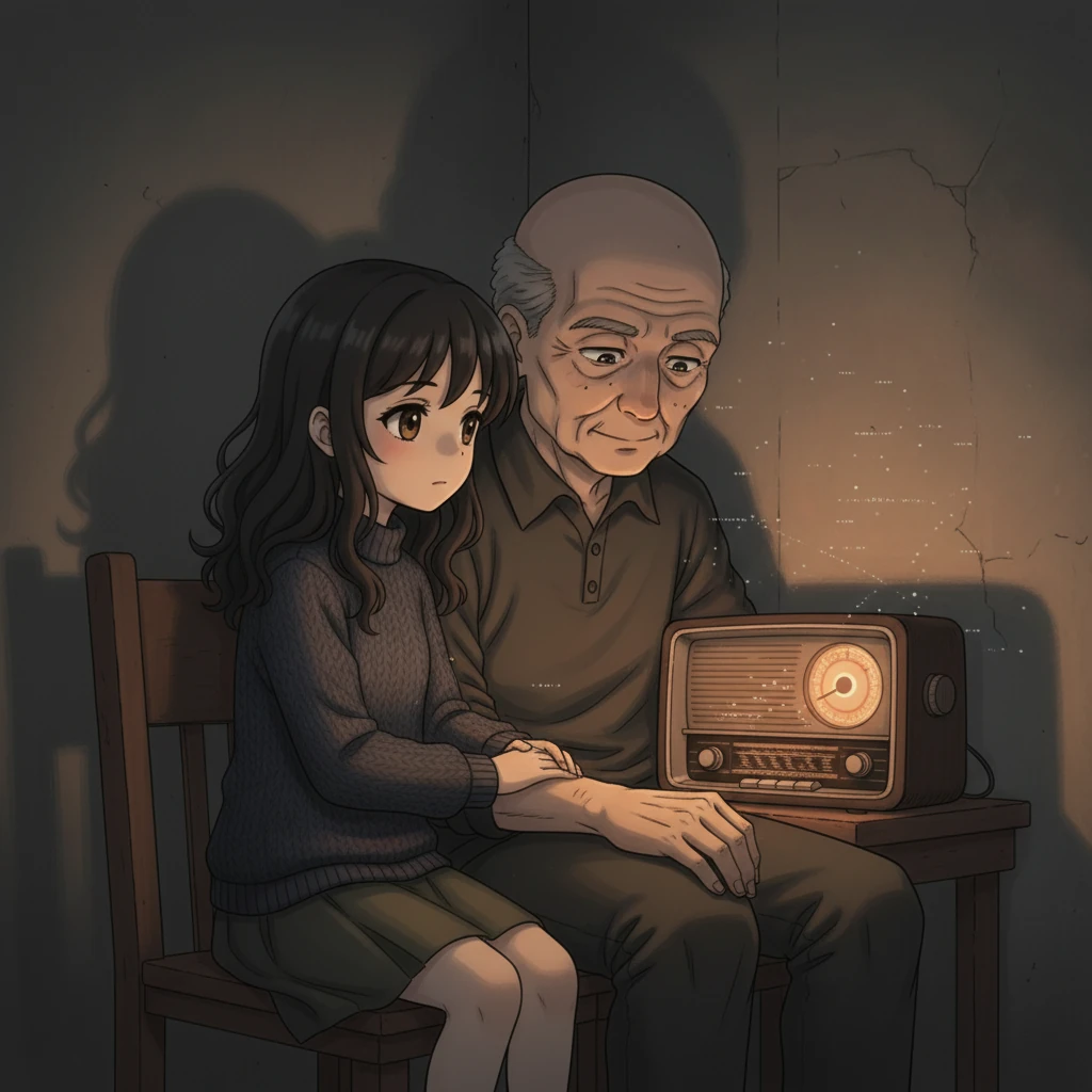 Târziu în noapte, Elena se cuibărește lângă bunicul ei, a cărui față brăzdată de timp este iluminată de strălucirea slabă a cadranului unui radio ascuns. Staticul pâlpâie încet, cedând ocazional fragmente de muzică sau voci străine, o fereastră interzisă către o altă lume. Umbrele dansează pe pereți, accentuând secretul.