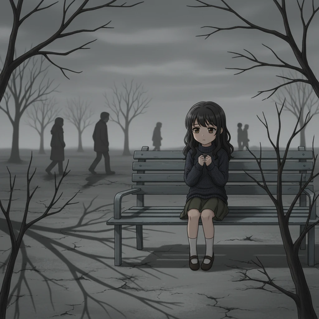 Elena stă singură pe o bancă rece din parc, înconjurată de copaci fără frunze și o tăcere apăsătoare, omniprezentă. Aerul este dens cu frică nespune și resemnare, și chiar și puținii alți oameni vizibili merg cu ochii în jos, evitând contactul. Cerul de deasupra este un gri uniform, opresiv.