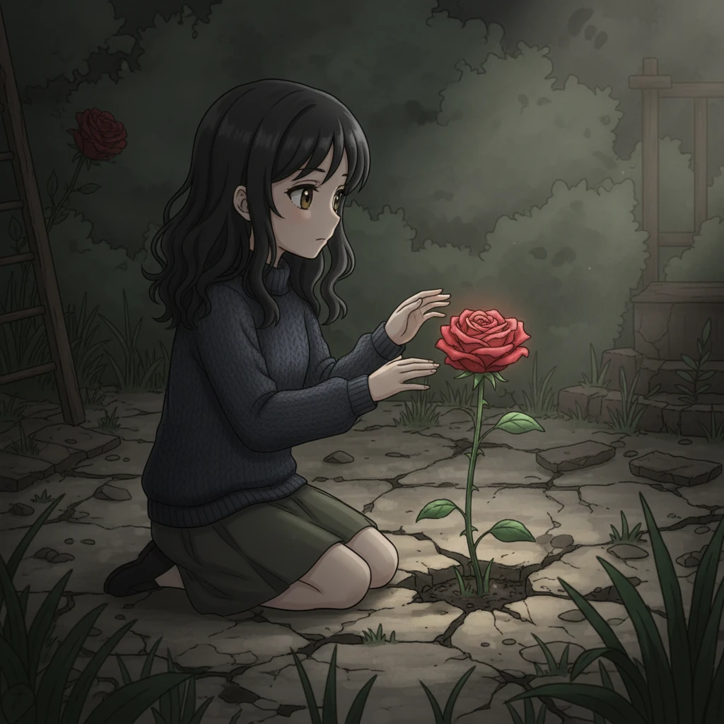 Ascunsă într-un colț uitat al unei grădini delăsate, Elena descoperă un singur trandafir roșu vibrant, care își croiește drum prin pavajul crăpat. Frumusețea sa defiantă, scăldată într-o lumină moale, eterică, filtrată prin întuneric, oferă un contrast puternic cu descompunerea din jur, un simbol al speranței durabile.