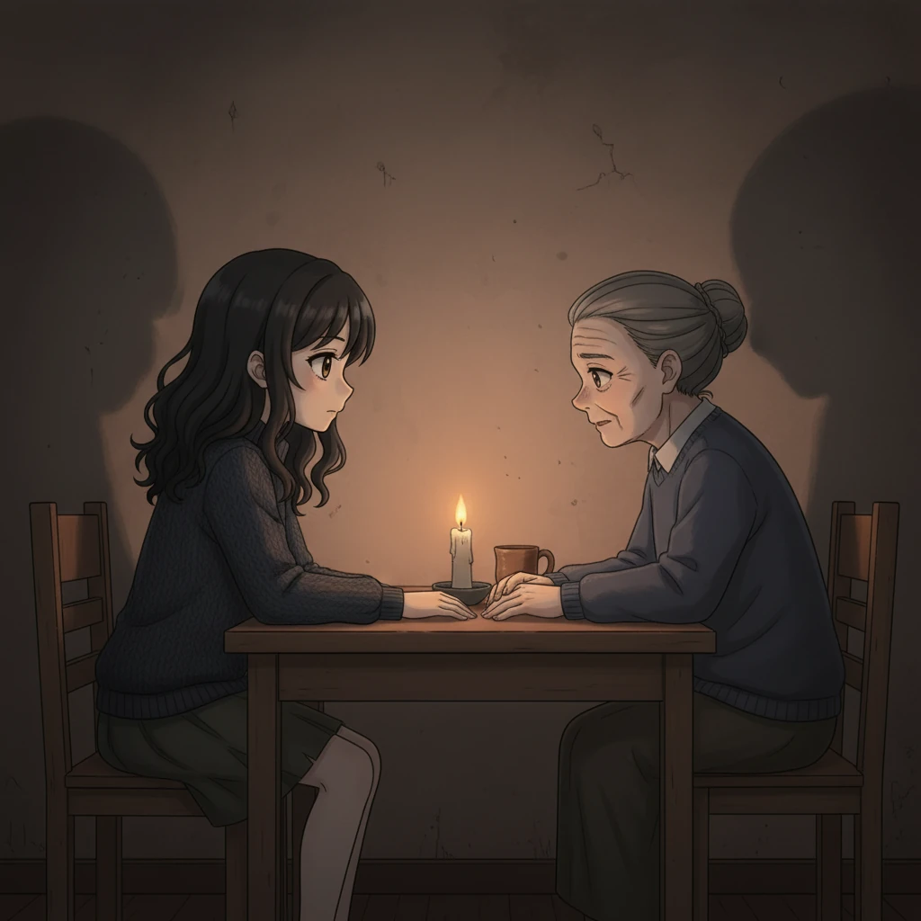 Într-o bucătărie slab luminată, Elena și mama ei împart o masă simplă cu o vecină în vârstă, mâinile lor se unesc scurt deasupra mesei. Conversația lor șoptită și privirile lor tăcute, pline de înțelegere, creează o bulă de căldură și conexiune umană în mijlocul realității reci de afară. O singură lumânare pâlpâie, aruncând umbre lungi.