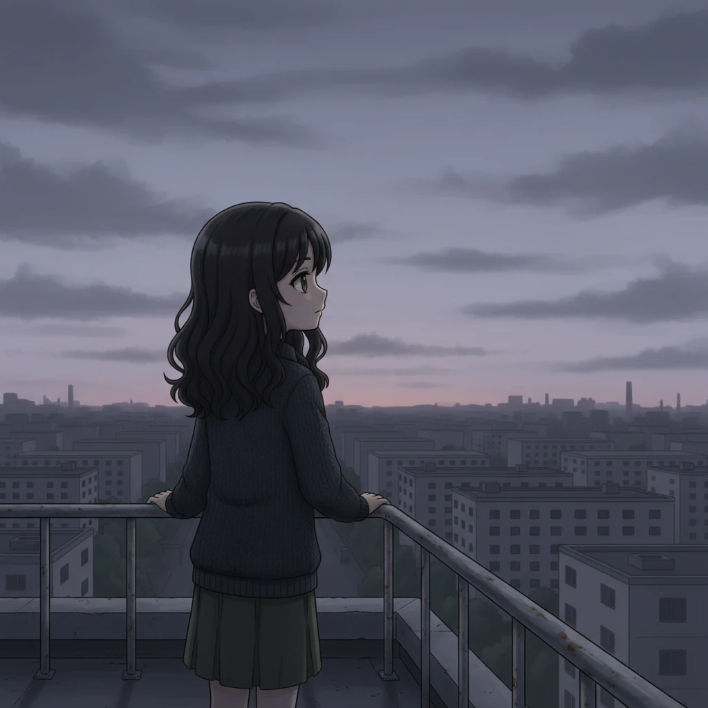 Elena stă pe un acoperiș, siluetată pe fundalul unui apus stins, vânăta, privid peste orașul uniform și extins. Privirea ei se întinde dincolo de blocurile de beton și fabricile îndepărtate, imaginându-și o lume de culori vibrante și ceruri fără margini, un loc unde visele nu sunt șoapte, ci strigăte.
