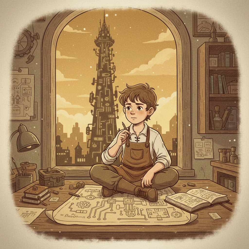 Young Archie, a bright-eyed apprentice, dreamt of understanding the Spire's inner workings. He spent his days sketching blueprints and pondering the mysterious flow of information, longing to become a Royal Architect.
