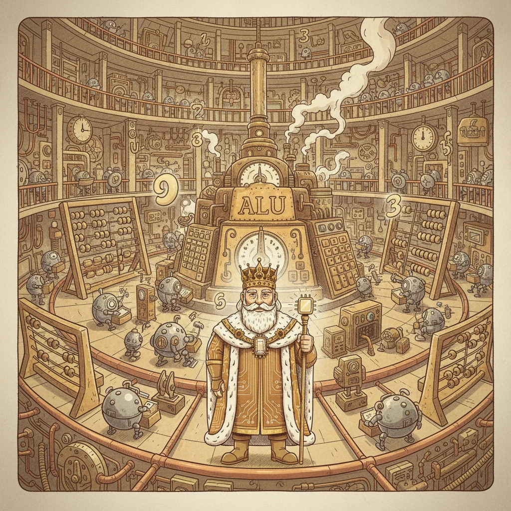 Next, Archie visited the bustling Grand Calculation Chamber, where the Arithmetic Logic Unit worked tirelessly. Here, every sum was tallied, every comparison made, and every decision processed with incredible speed.