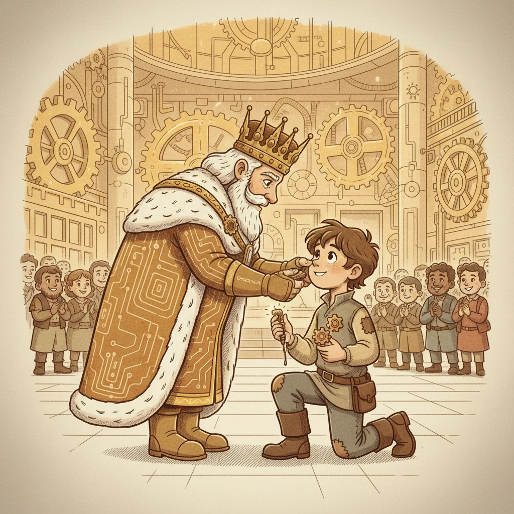 King Core, impressed by Archie's ingenuity, declared him a Royal Architect. Archie's journey showed everyone that understanding the fundamental gears and sparks of the kingdom was key to its efficiency and bright future.