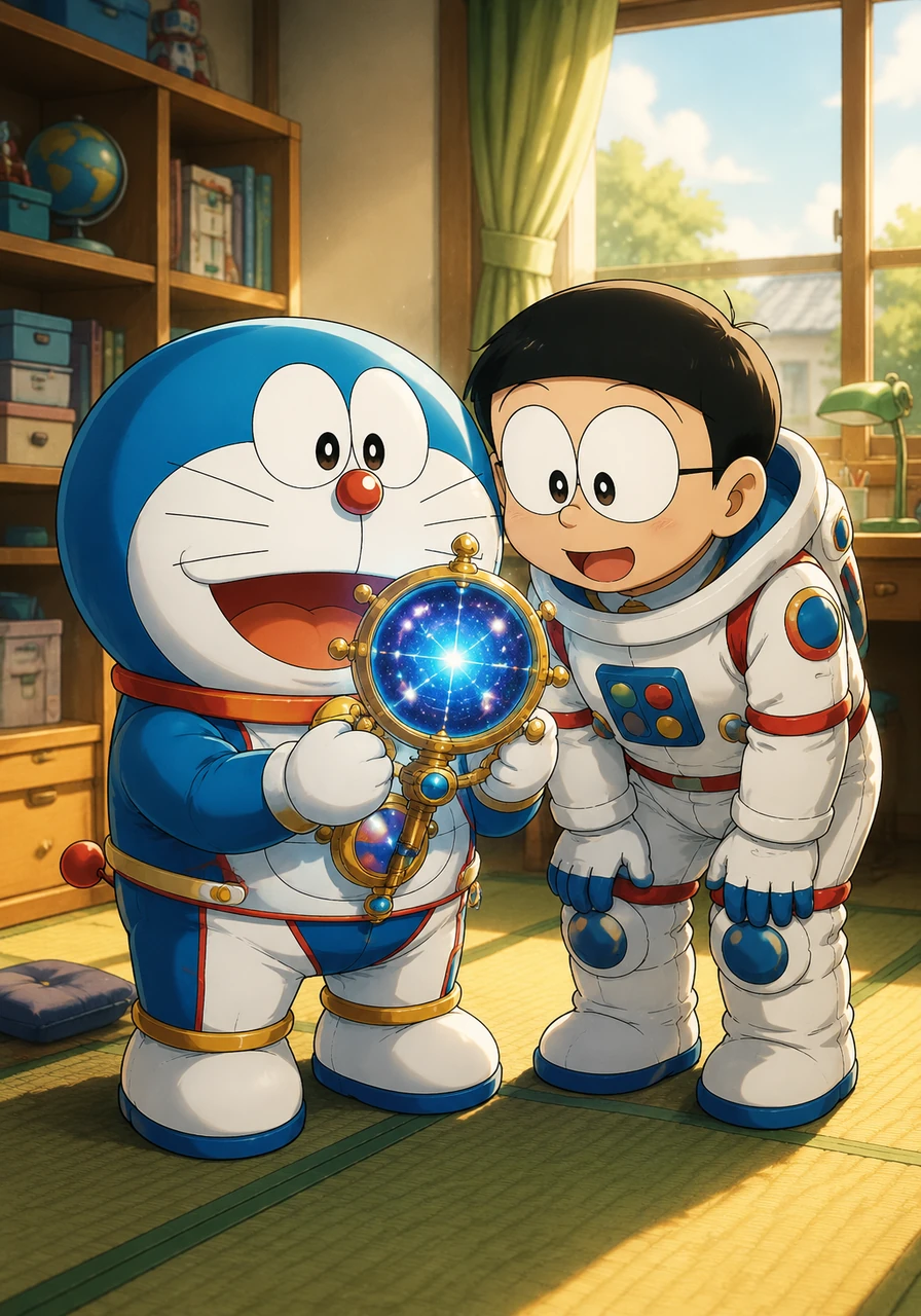 在宁静的午后,哆啦A梦从四次元口袋里拿出了一副闪闪发光的‘星际导航仪’。大雄好奇地凑过来,看着上面跳动的光点,他们决定去寻找传说中能实现愿望的‘星之铃’。