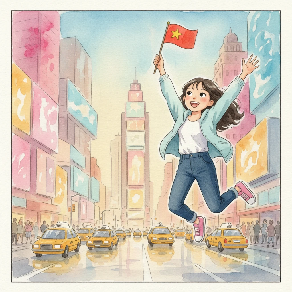 莉莉来到了不夜城纽约！首先，她被时代广场的巨大屏幕和闪烁的灯光迷住了。黄色的出租车像小甲虫一样穿梭，莉莉兴奋地挥舞着小旗。