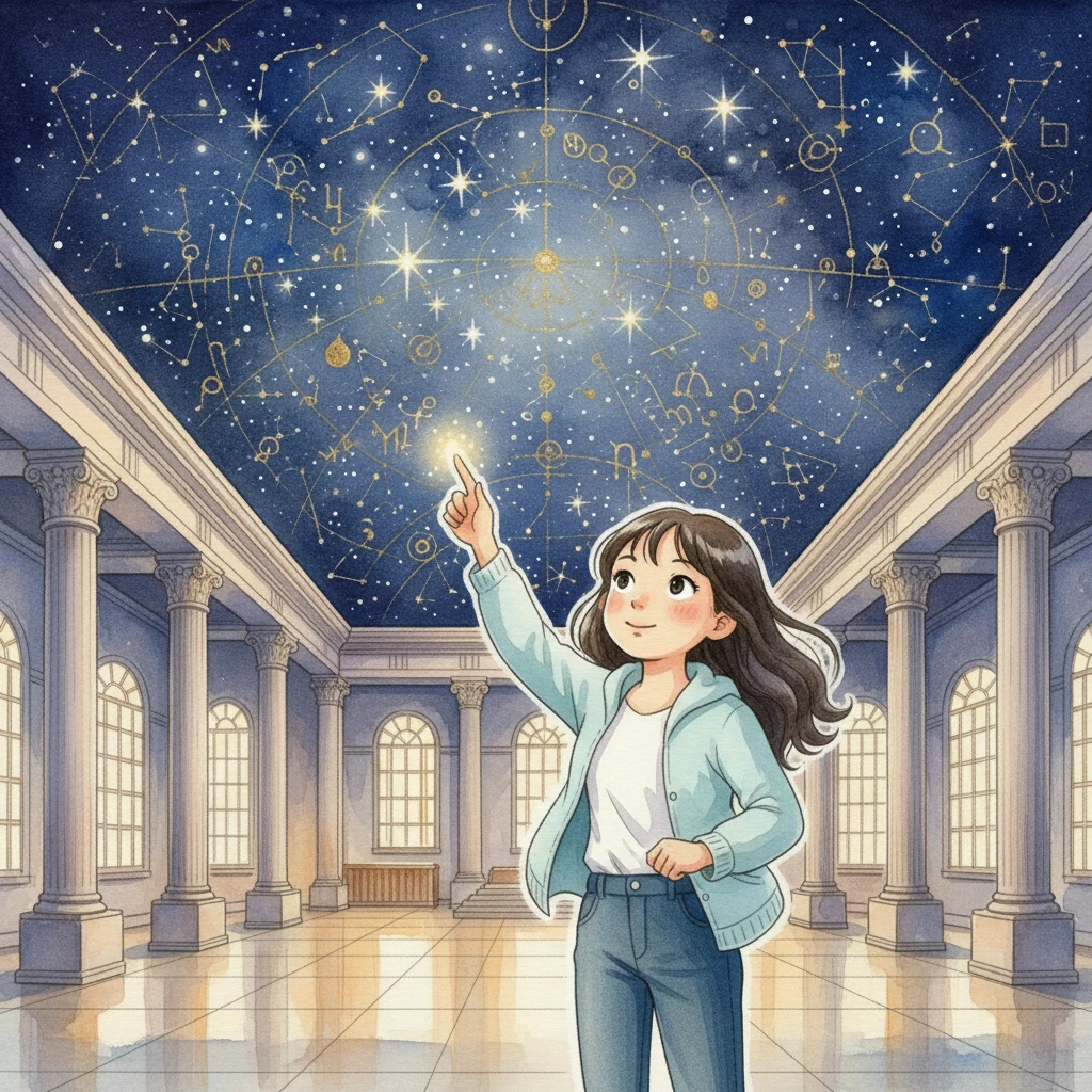 莉莉走进中央车站，抬头看到了天花板上闪烁的星星，就像一个魔法世界。她想象着每一颗星星都代表着一趟旅程，充满了期待。