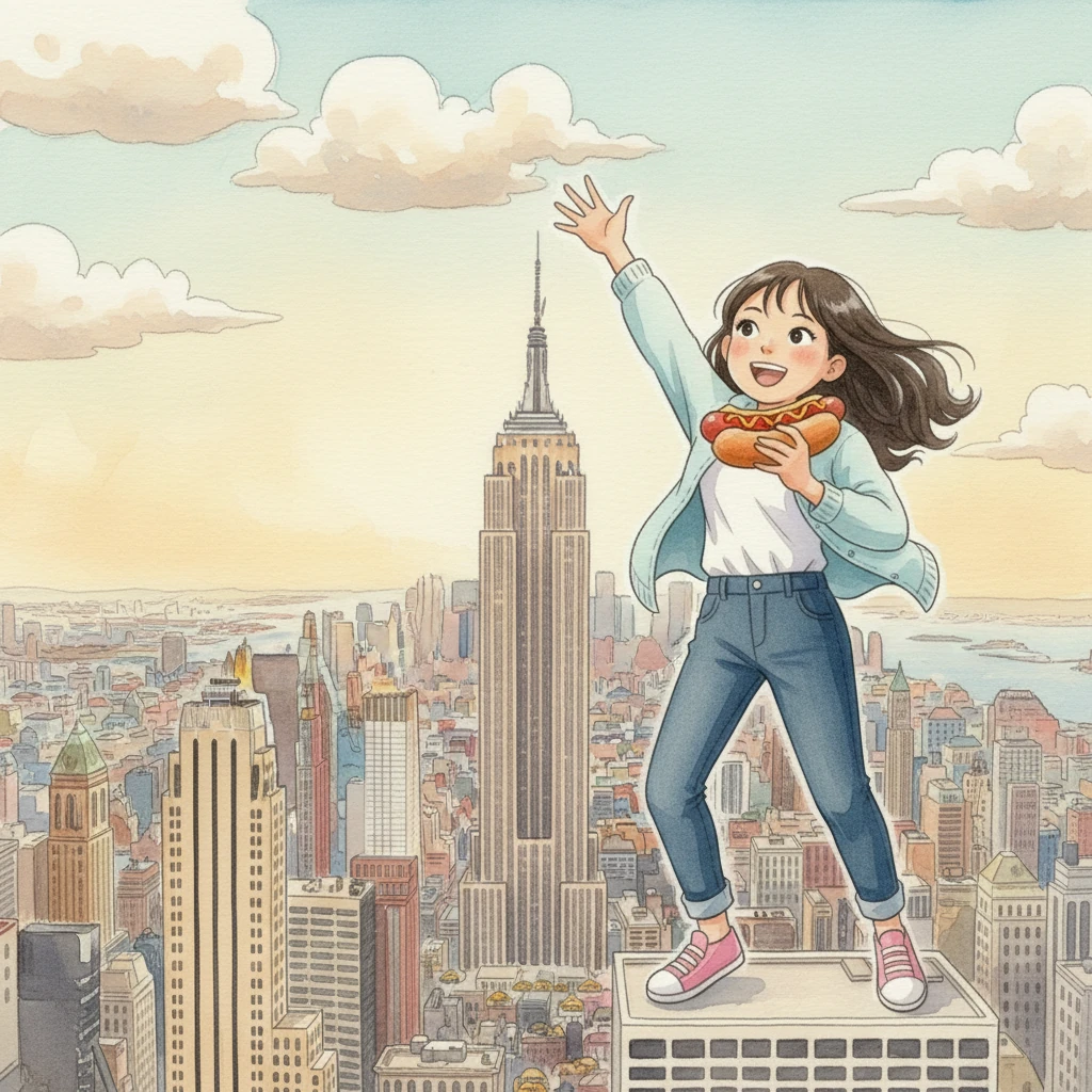 莉莉乘坐电梯急速上升，来到了帝国大厦的顶端。整个纽约城在她的脚下铺展开来，她觉得仿佛能触碰到云朵。别忘了，她还尝了一个巨大的纽约热狗！