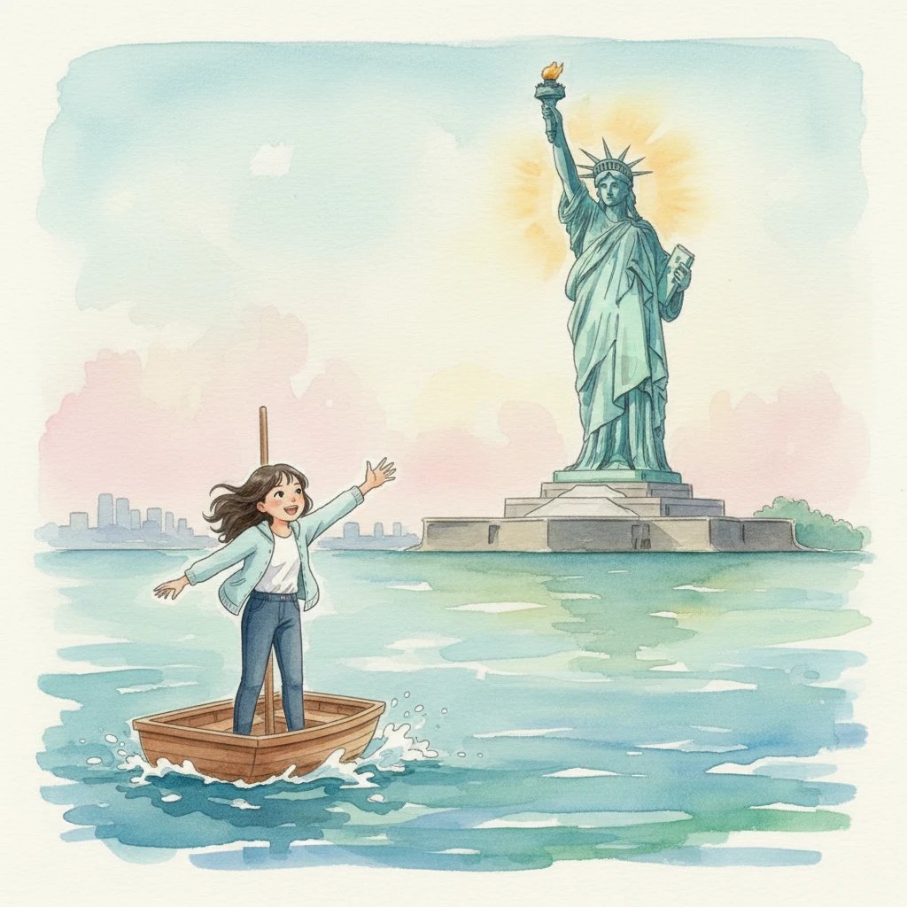 第二天，莉莉坐船出海，向高举火炬的自由女神挥手问好。海风吹拂着她的脸颊，自由女神像显得格外高大庄严。