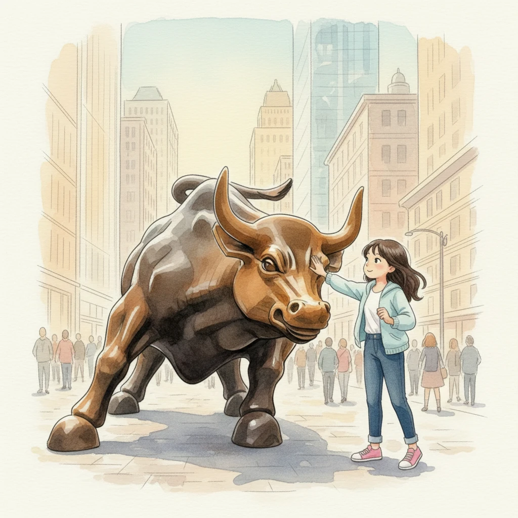 回到陆地，莉莉在华尔街看到了那头强壮的铜牛。她轻轻地摸了摸牛鼻子，希望自己也能变得像它一样勇敢有力。