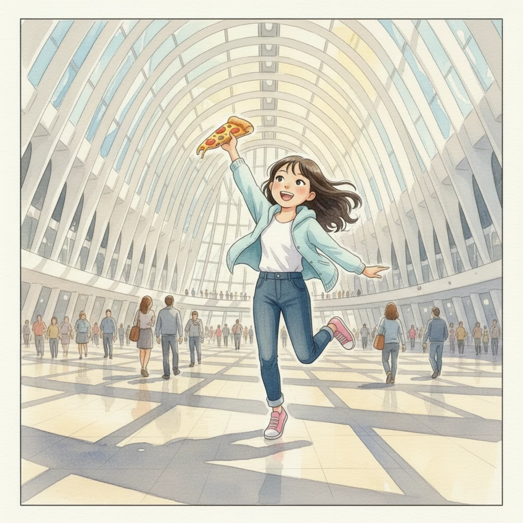 莉莉走到了像一只巨大白色鸟儿的飞鸟车站（The Oculus）。阳光透过肋骨状的结构洒下来，形成美丽的光影。午餐时间，当然少不了一大片纽约披萨！