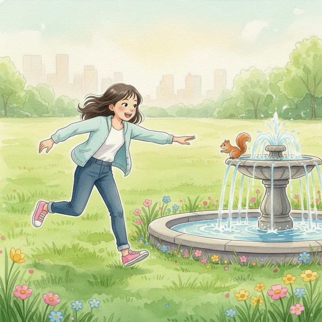 第三天，莉莉在中央公园的大片绿地里奔跑，发现了一个漂亮的喷泉和一只活泼的小松鼠。她觉得这里就像城市中的一片绿色魔法森林。