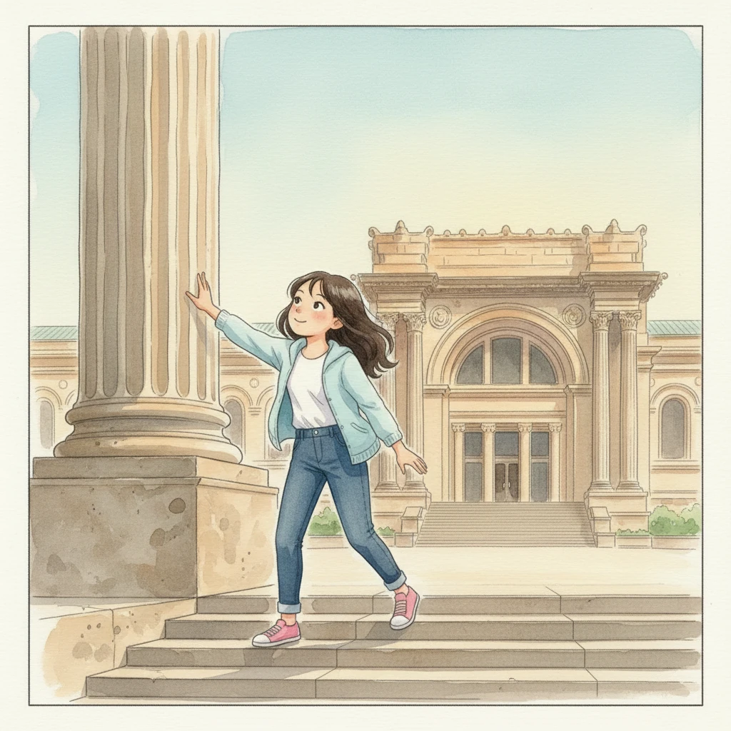 公园外，莉莉爬上大都会艺术博物馆的台阶，这里就像一座艺术的城堡。她想象着里面藏着无数古老而神秘的故事。