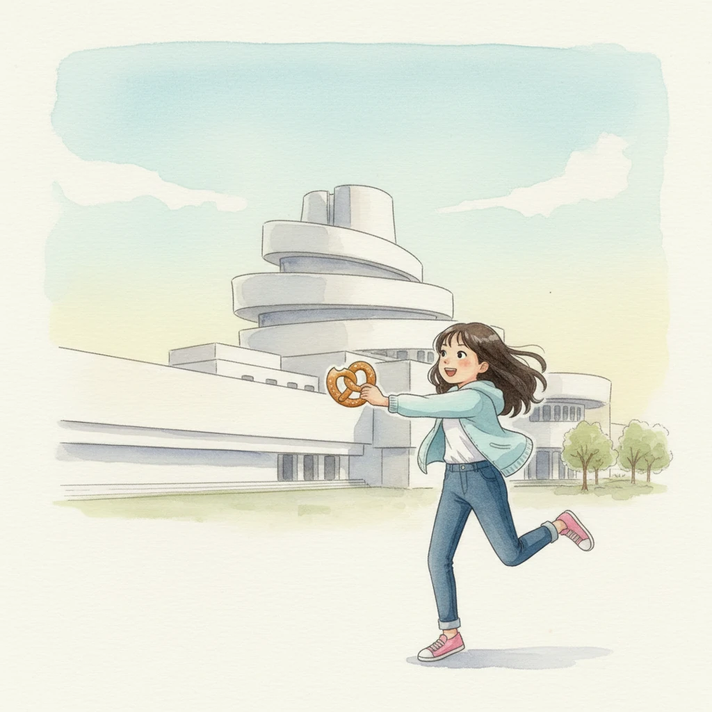 莉莉看到了古根海姆博物馆，它像一个白色的海螺，造型非常独特。莉莉想知道，里面是不是也藏着海螺的秘密呢？她还和妈妈分享了一个咸香的椒盐卷饼！