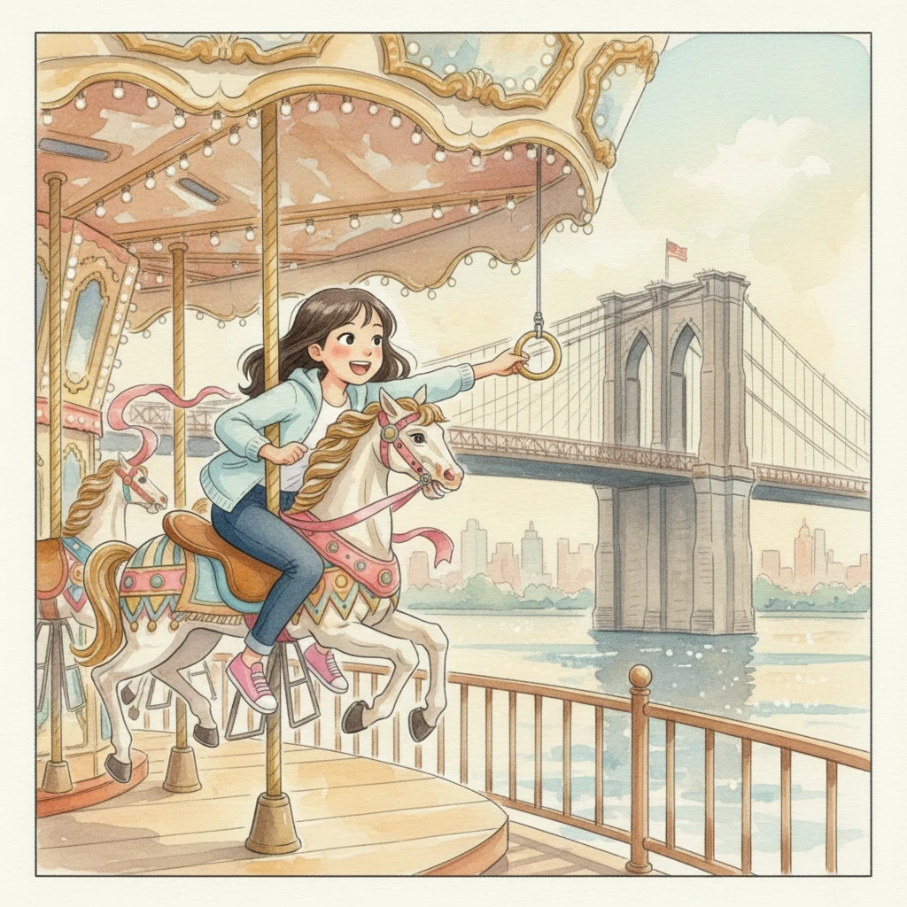 旅程的最后一天，莉莉和爸爸妈妈一起走过布鲁克林大桥。风吹过，她能听到自行车清脆的铃声。桥的另一边，她在珍妮旋转木马上开心地旋转着，最后，她吃了一个甜甜的冰淇淋蛋筒，为这次纽约之旅画上了完美的句号。