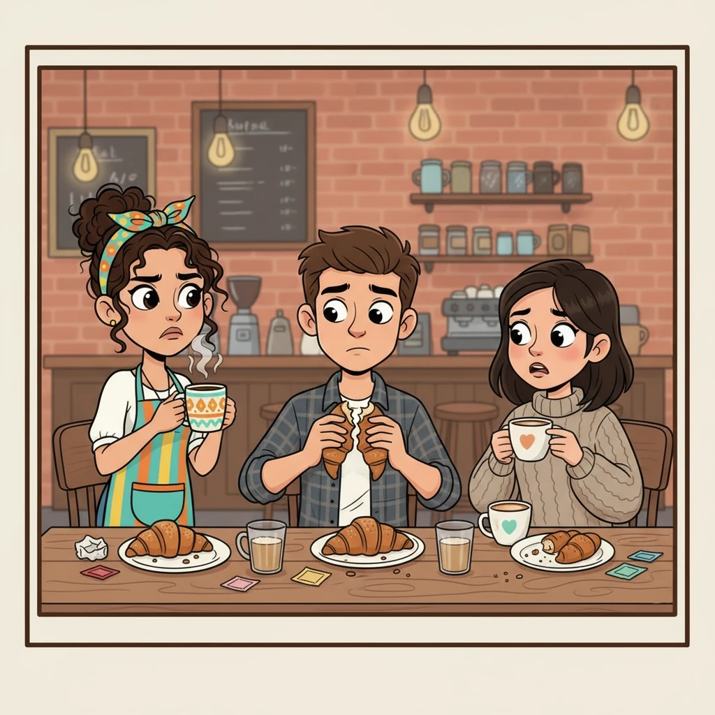 Finalmente, llegó su turno. Pidieron cafés con leche y un par de cruasanes. El café llegó frío y el cruasán, duro como una piedra. Sofía, Miguel y Ana se miraron, decepcionados. La experiencia fue un completo desastre, y la calidad de los productos, pésima.