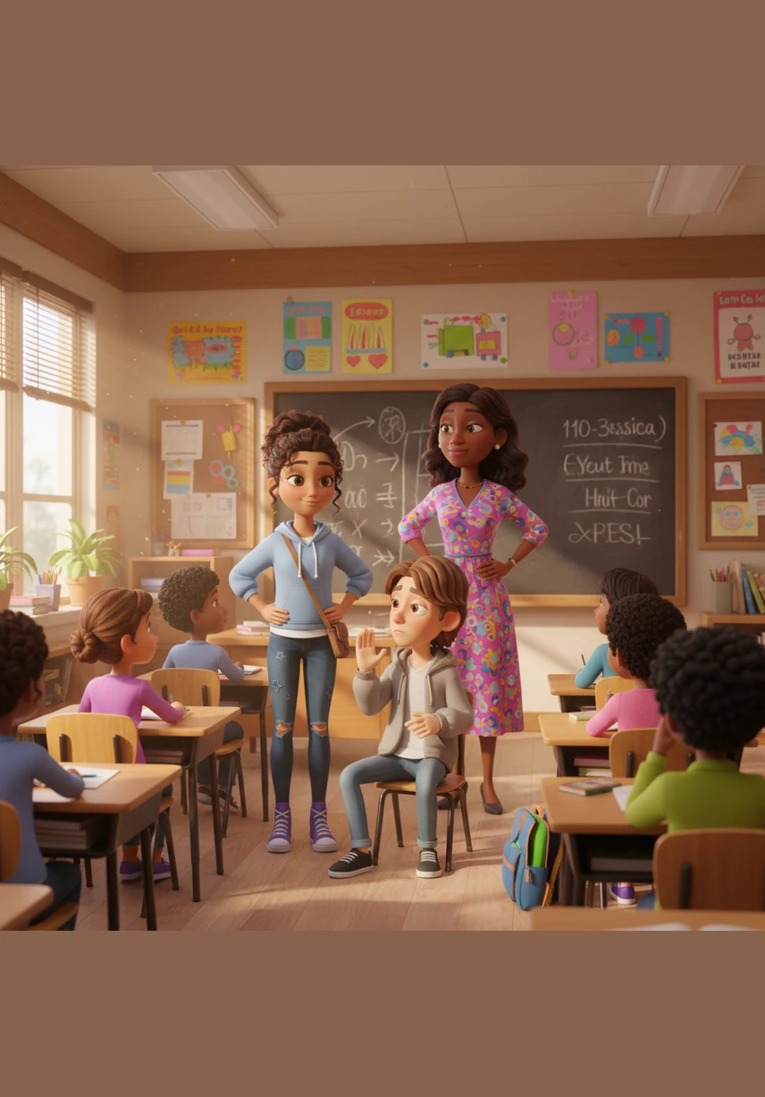 In a warm, sunlit classroom, Mrs. Jessica looks at her watch with a puzzled expression while Adam and Aliyah burst through the door, breathless and wide-eyed. They look like they have just stepped out of another world, their faces filled with a mix of shock and wonder as they start to tell their story.