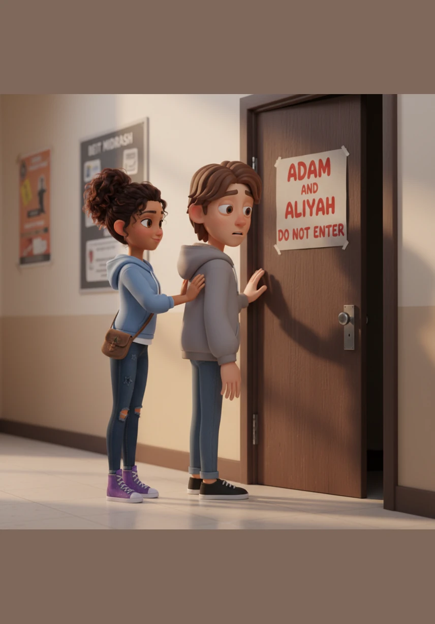 Earlier that morning, the two teens stand in a quiet hallway next to the Beit Midrash, staring at a mysterious wooden door. Despite the bold sign that reads ADAM AND ALIYAH DO NOT ENTER, Aliyah gives a mischievous grin and prepares to push a nervous Adam into the dark maintenance closet.