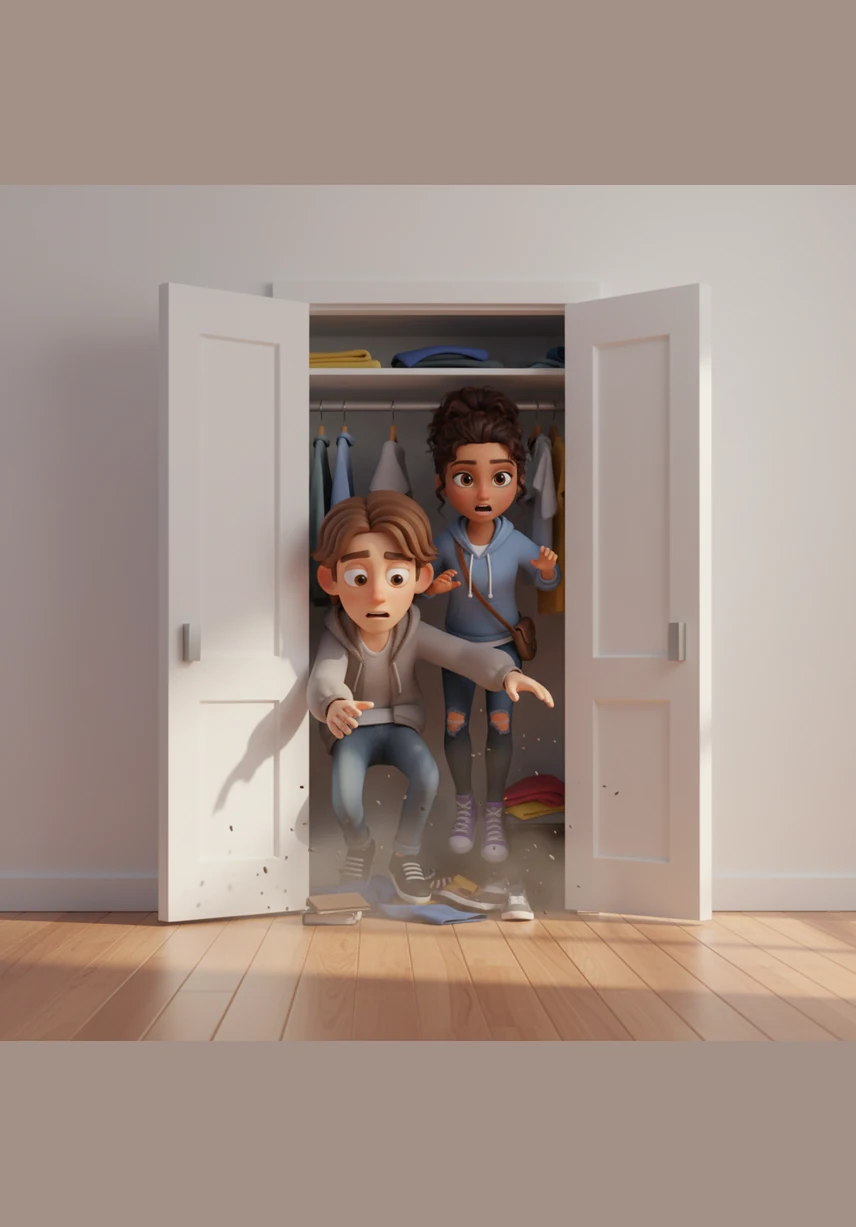 As the closet door shuts, the mundane surroundings vanish into a whirlwind of light and shadow, transporting the two friends across time and space. They tumble out into a cold, cavernous space filled with the smell of coal smoke and the echoing whistles of steam engines.