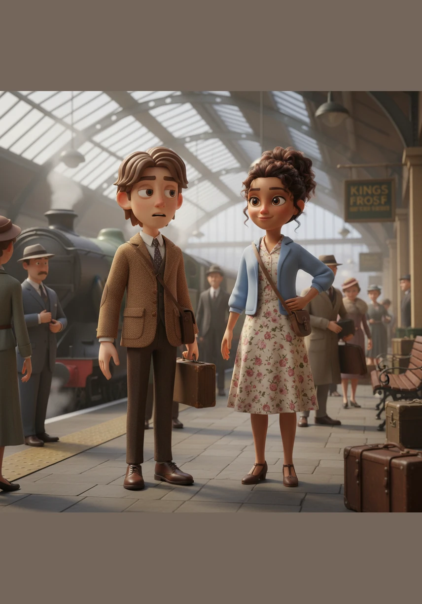They find themselves standing on the bustling platform of Kings Cross Station in 1930s London, beneath a massive iron-and-glass roof. A vintage wooden sign hangs above them, confirming they are far from home and deep in the past, surrounded by the sights and sounds of history.