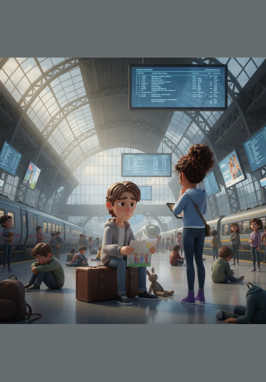 Dozens of children sit on wooden benches or stand in small groups, each wearing a cardboard tag tied with string around their neck. The atmosphere is heavy with a quiet, somber sadness as the children clutch their small suitcases, looking lost in the vast, busy station.