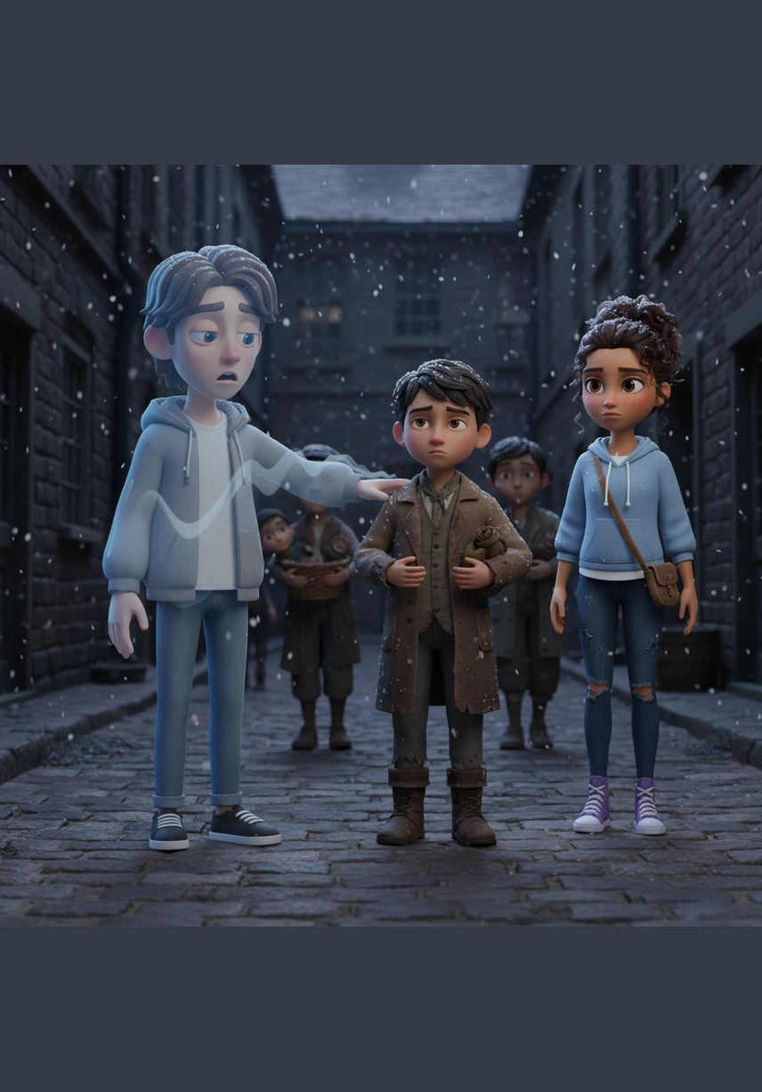 Adam reaches out to tap a young boy on the shoulder to ask for help, but his hand moves right through the air as if he were a shadow. He realizes that they are invisible witnesses to history, unable to change the past but present enough to feel the weight of the children's journey.