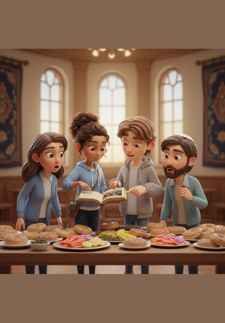 Suddenly, the teens are back in their own time, standing in the synagogue social hall next to a table piled high with bagels and lox. They excitedly show their parents and teachers the old book Run and Hide, pointing to pictures that match exactly what they just saw at the train station.