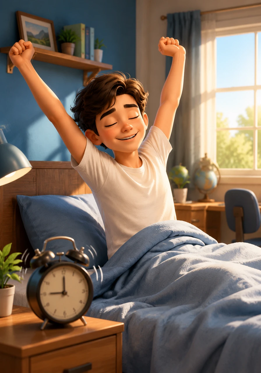 Leo stretches as his alarm rings at 7:00 a.m. He wakes up early every single day to get ready for school. The bright morning sun fills his room, signaling the start of his consistent daily routine.
