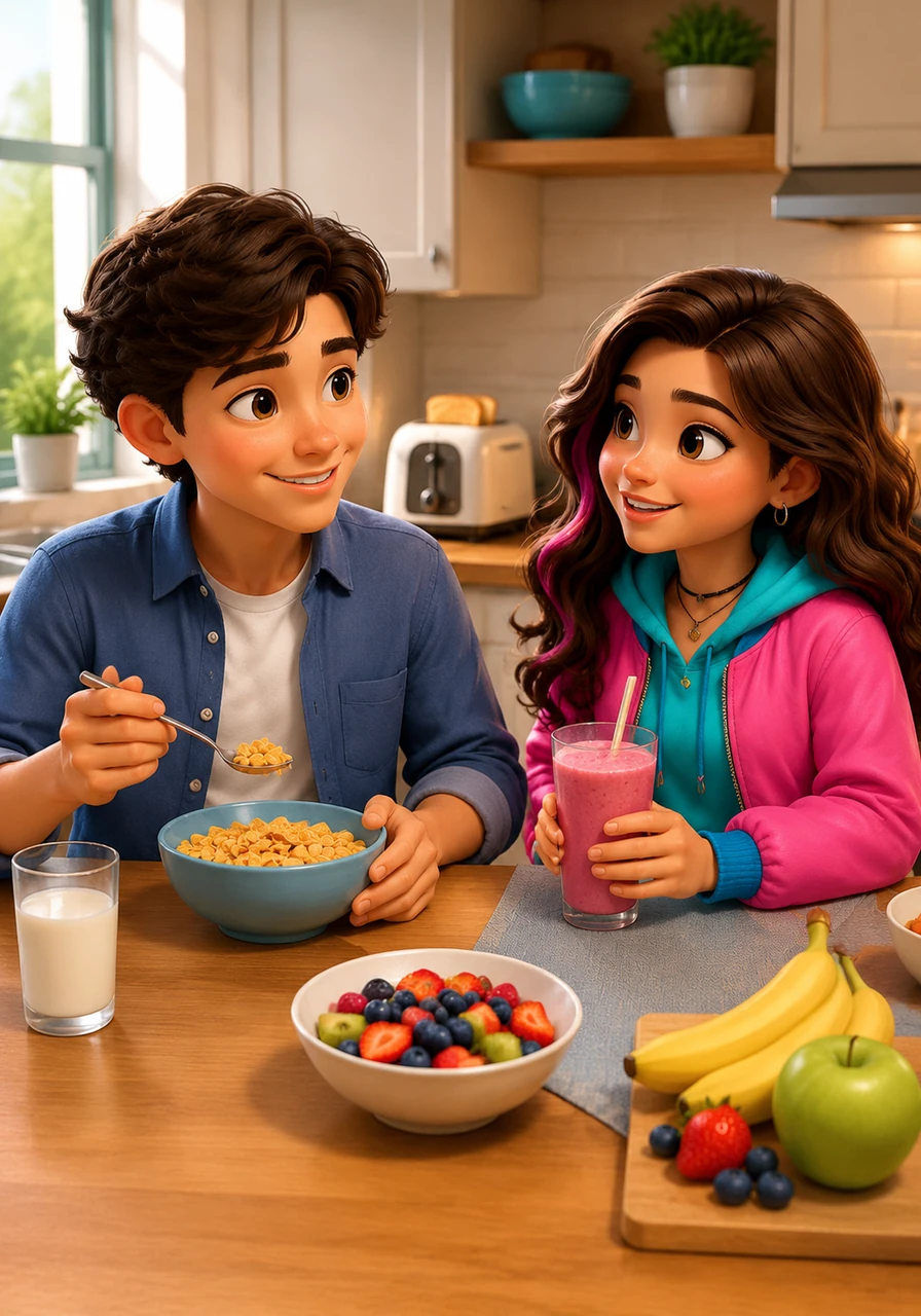 In the kitchen, Leo eats cereal while his sister Maya drinks a smoothie. Leo likes crunchy flakes, but Maya prefers fresh fruit for breakfast. They talk about their plans while the toaster pops in the background.