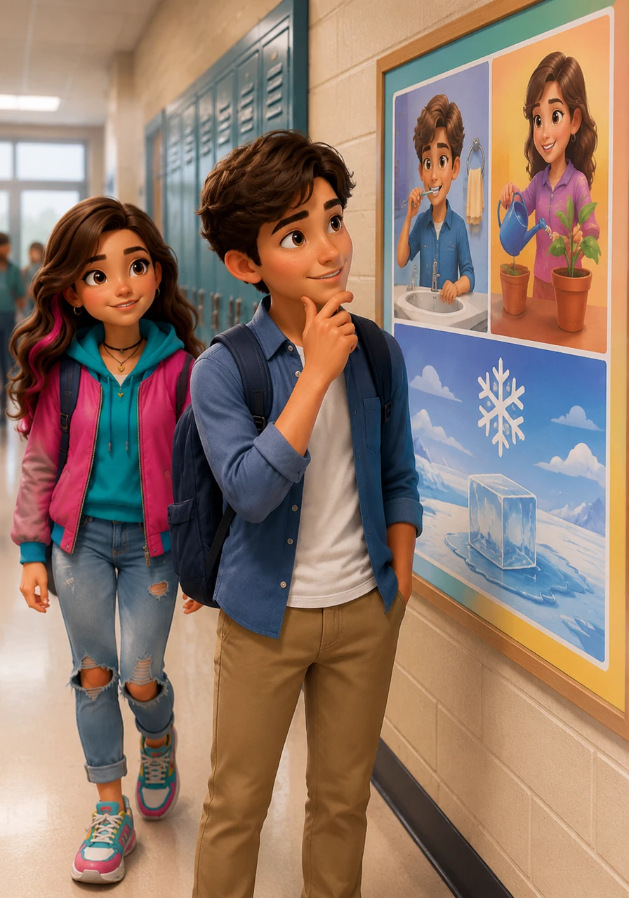 In the school hallway, Leo stops to look at a colorful grammar poster. It explains that we use the simple present for habits and facts, like how water freezes at zero degrees. He realizes that grammar is actually all around him in his daily life.
