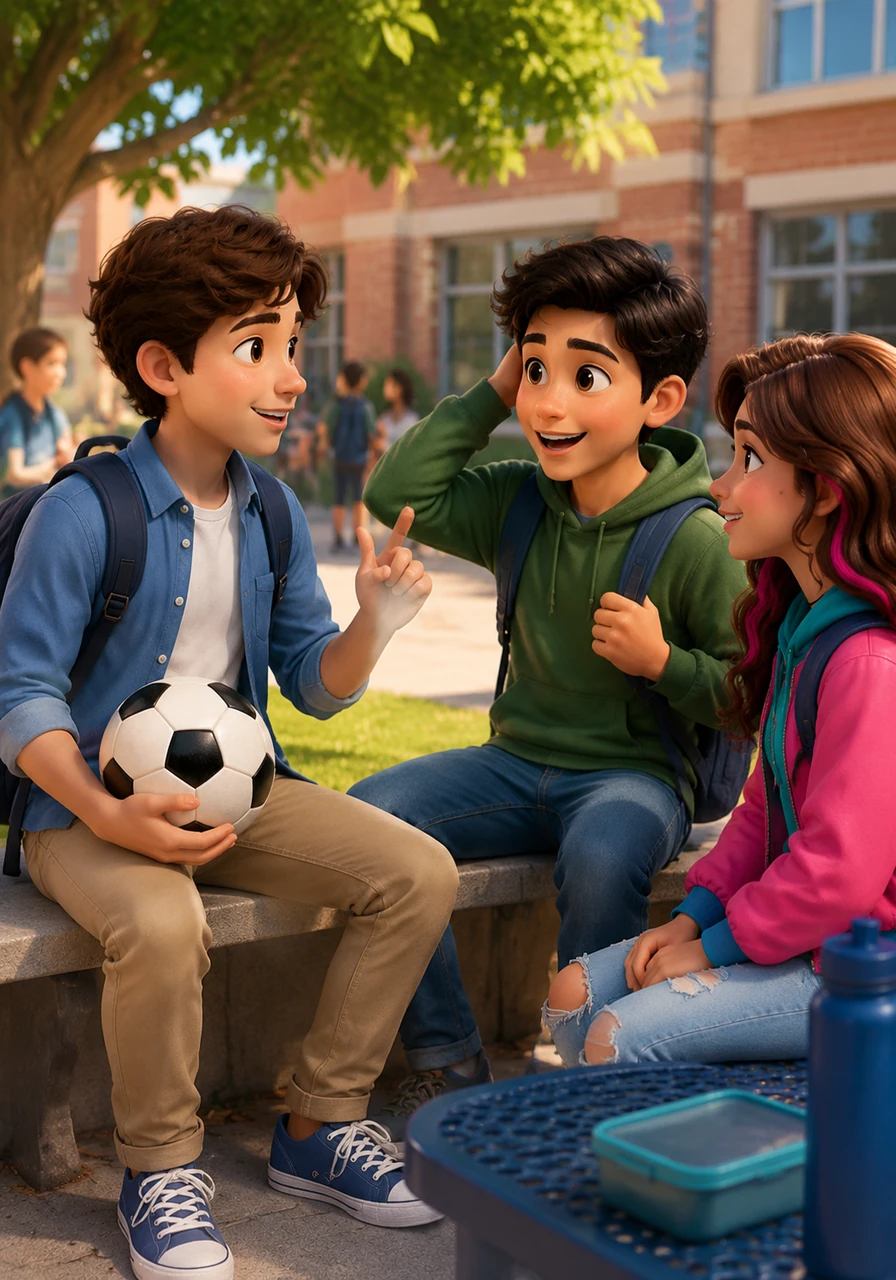 During their break, Leo’s friend Ben says, 'My brother play soccer every Friday.' Leo smiles and reminds him to add an 's' because his brother is the third person. Ben quickly corrects himself, saying, 'Right, my brother plays soccer!'