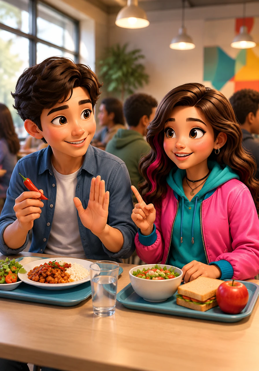 At lunch, the friends discuss their hobbies and what they avoid doing. Leo explains that he does not like spicy food, while Ben mentions he does not play video games on weekdays. They use negative forms to share their personal boundaries.