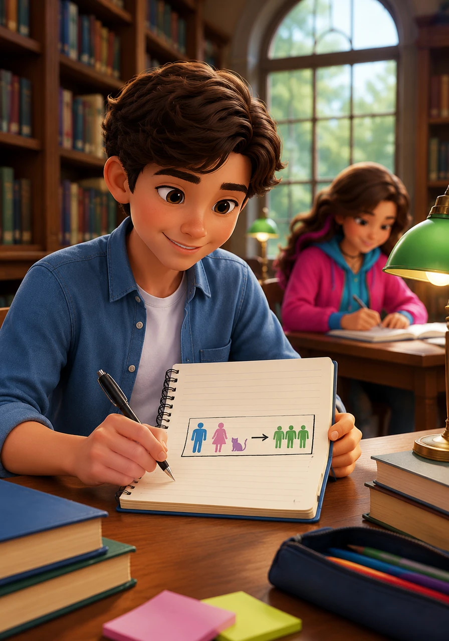 Leo sits in the library and opens a notebook that has a helpful rule box on the page. The box reminds him to use 'does not' for he, she, and it, while using 'do not' for everyone else. He takes a quick note to remember this for his upcoming English test.
