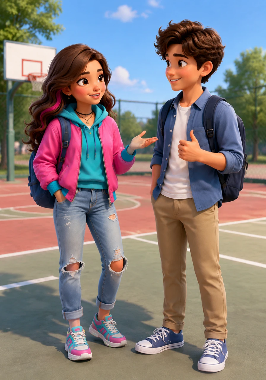 Outside on the basketball court, Maya asks her teammate, 'Do you practice every afternoon?' Her teammate nods and asks, 'Does Leo join us today?' They use questions to learn more about each other's busy schedules.