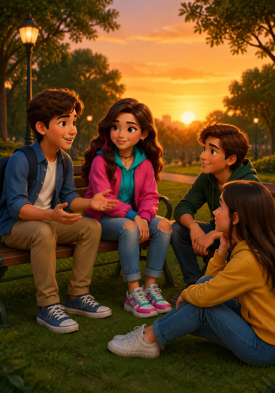 In the evening, Leo hangs out with his friends at the park. They talk about how they always meet here on Fridays and usually stay until sunset. These signal words help them describe how often they enjoy their favorite activities together.