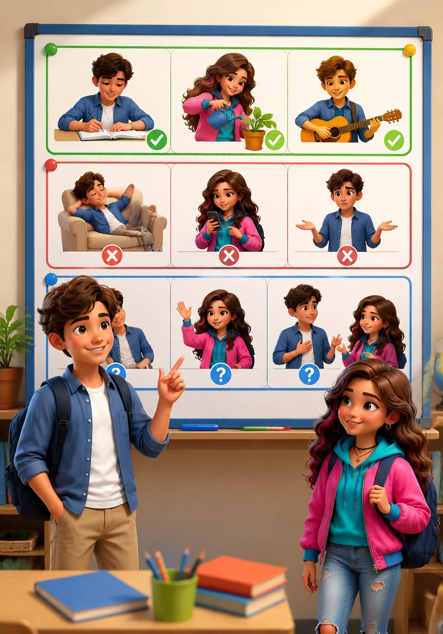The day ends with a large, bright summary board in Leo’s classroom. It displays clear examples of affirmative sentences, negative forms, and questions. Leo feels confident knowing that the simple present tense is just a reflection of his everyday world.
