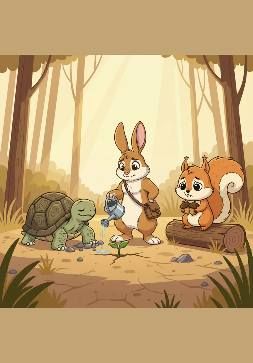 Oliver the rabbit discovers a tiny, wilted seedling gasping for water in a dry, dusty patch of the forest. He carefully carries a large, shimmering dewdrop in a curled leaf to give the little plant a refreshing drink.