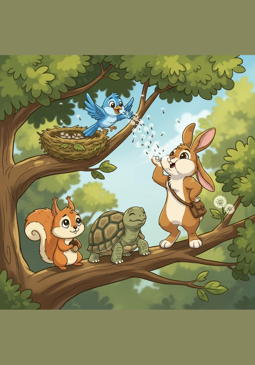 High in the branches, a bluebird is searching frantically for soft materials to line her new nest before the eggs hatch. Oliver gathers the fluffiest dandelion seeds he can find and blows them up toward her with a joyful puff.