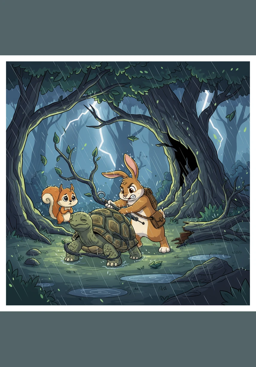 Suddenly, a great storm sweeps through the Whispering Woods, bringing heavy winds and lashing rain. Oliver huddles in his burrow, but the wind is so fierce that it blows away his cozy thatched roof, leaving him cold and wet.