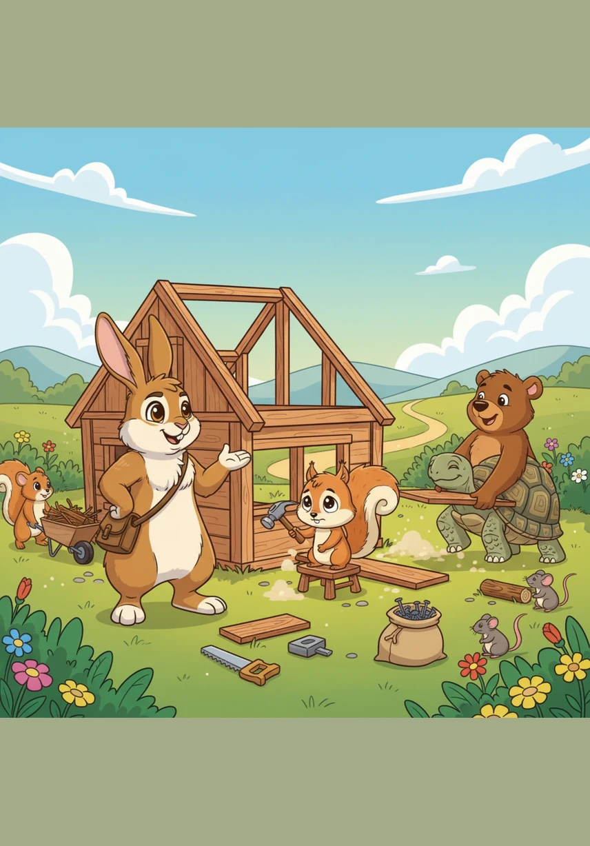 Mr. Tortoise brings sturdy sticks, the bluebird weaves soft moss into the gaps, and Sammy the Squirrel carries heavy stones to secure the base. Together, all the friends Oliver helped work tirelessly to make his home warm and safe once more.