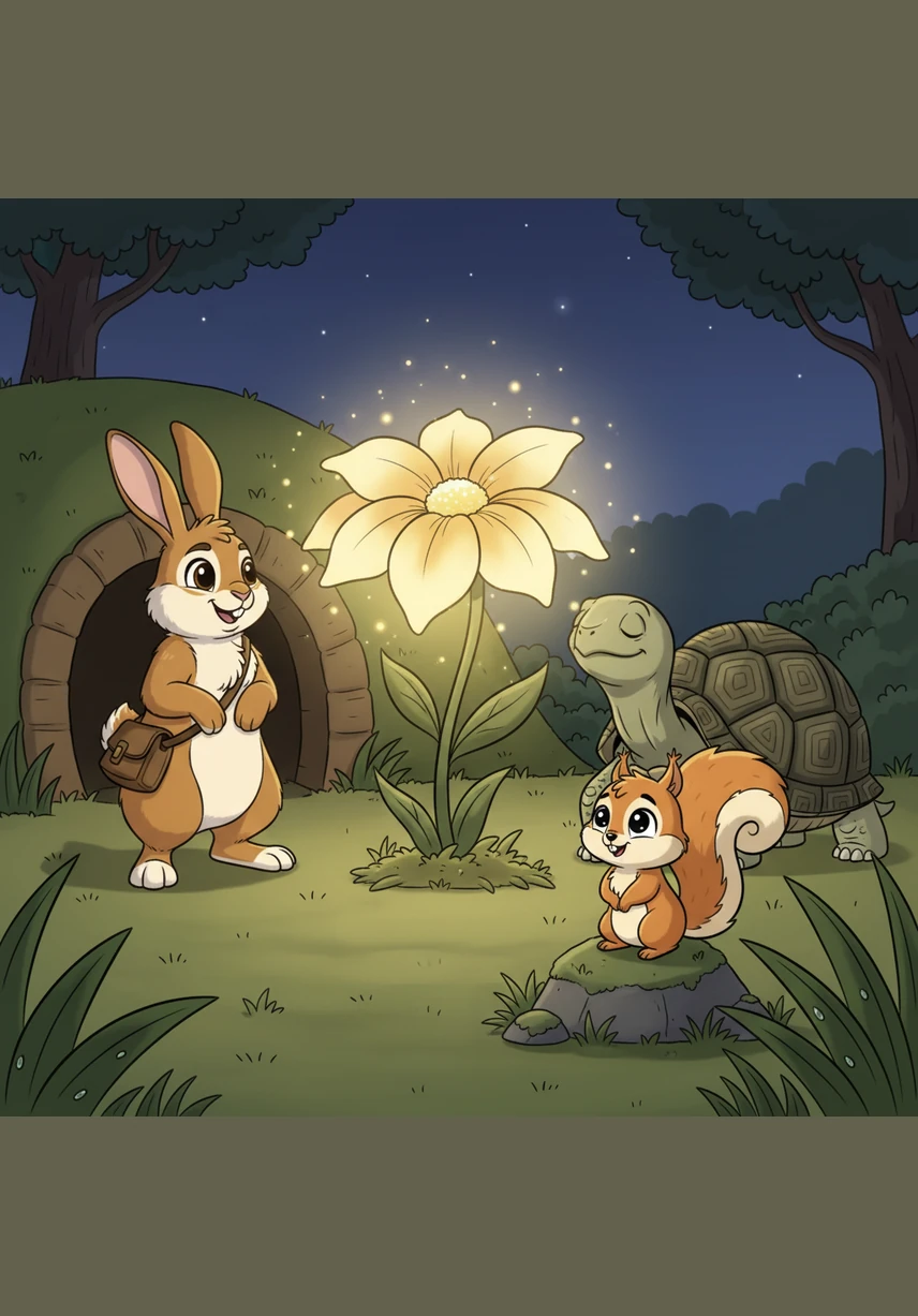 Near the entrance of the burrow, the tiny seedling Oliver once watered has bloomed into a radiant, glowing flower that illuminates the garden. Its sweet scent fills the air, serving as a beautiful reminder of the day their circle of friendship began.