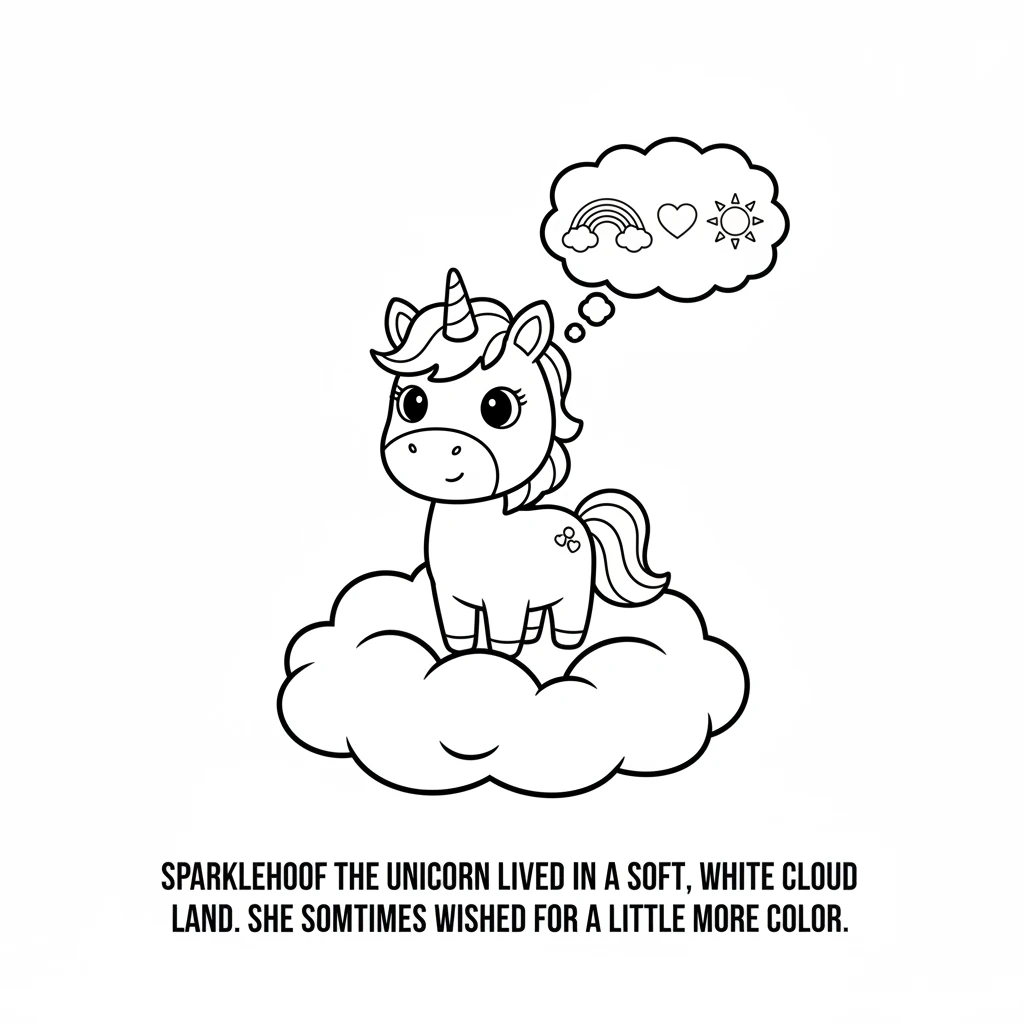 Sparklehoof the unicorn lived in a soft, white cloud land. She was pure white, from her hooves to her horn. Sometimes, Sparklehoof wished for a little