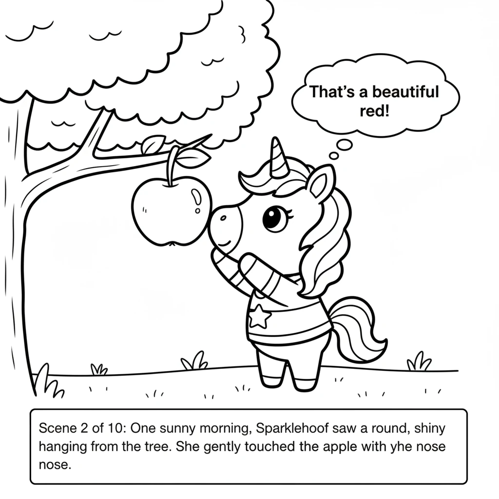 One sunny morning, Sparklehoof saw a round, shiny apple hanging from a tree. "Look!" she thought, "That's a beautiful red!" She gently touched the app