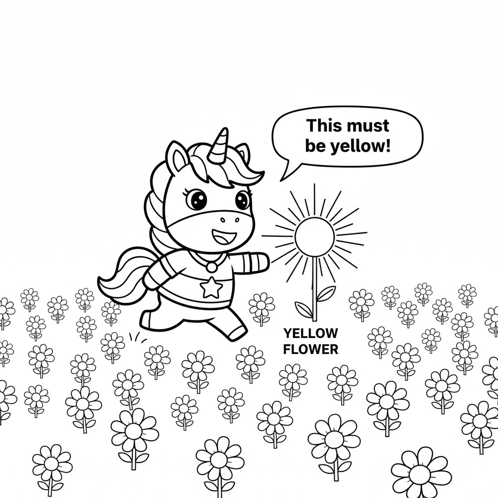 Later, Sparklehoof trotted past a field full of bright flowers. One flower shone like the sun. "This must be yellow!" she giggled, feeling warm and br